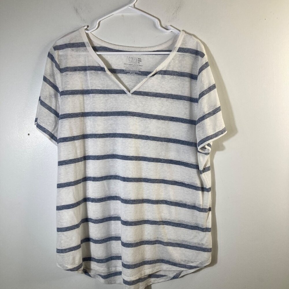 Womens Time And True Linen Blend Tee Shirt Short Sleeve V‎ Neck Stripes 2X